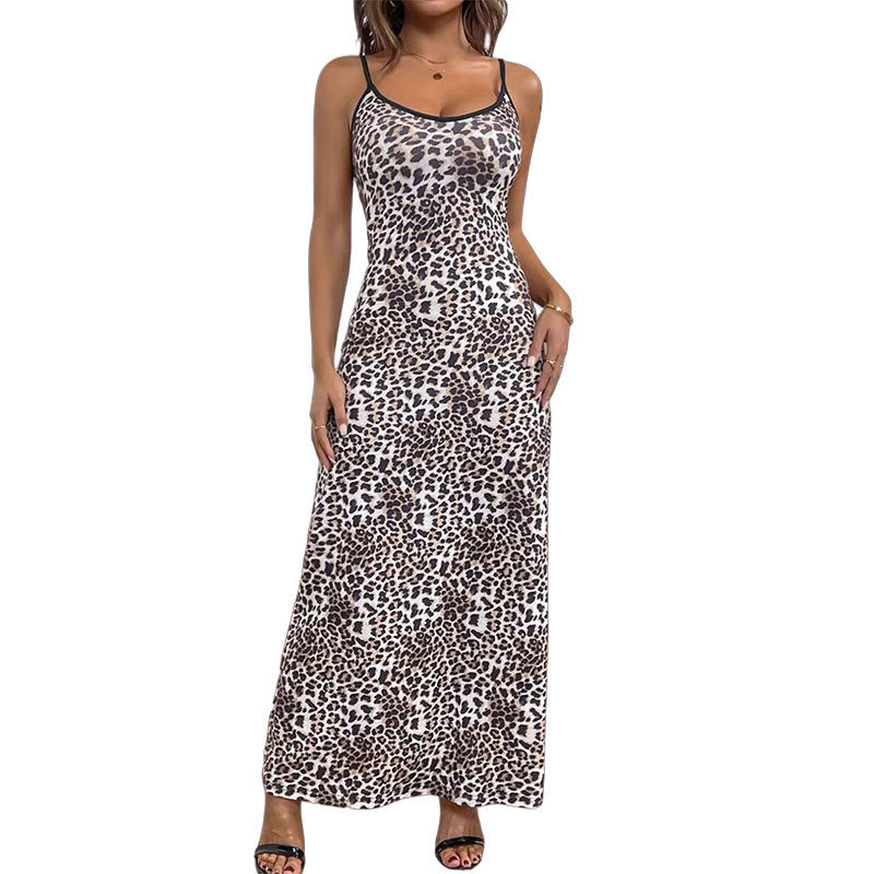 Damen Maxikleid Leopardenmuster Rückenausschnitt