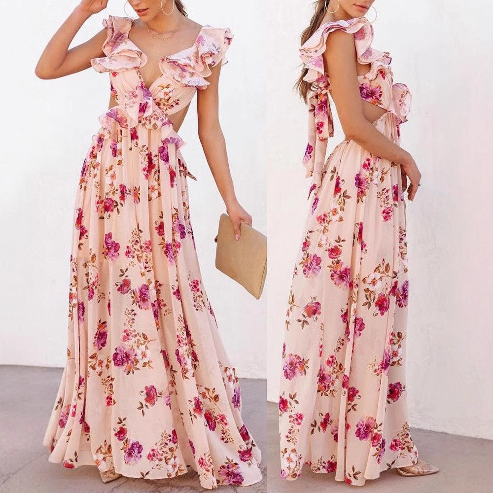 Damen Maxikleid mit Blumenmuster und V-Ausschnitt - Norvielle