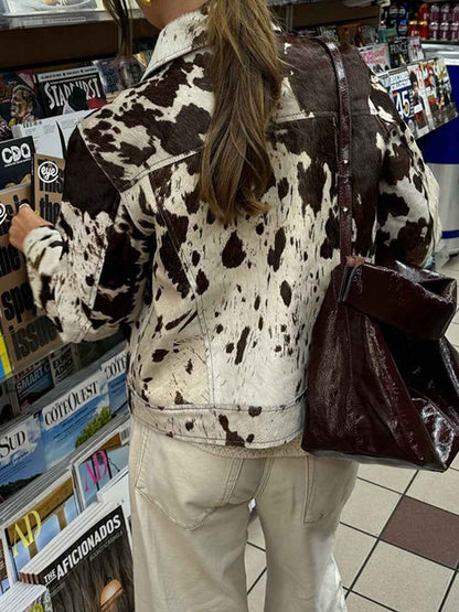 Damen Kuhfleck-Jacke Reverskragen Druckknopfverschluss