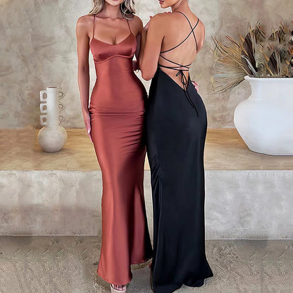 Damen Maxi-Kleid Langarm mit Verstellbaren Trägern Figurbetonter