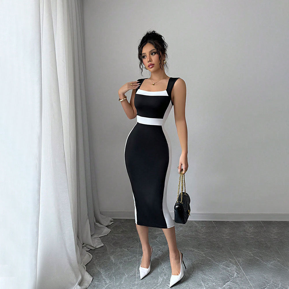 Damen Midi-Kleid Figurbetont Kontrastschnitt Schmale Träger Norvielle