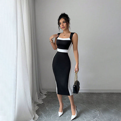 Damen Midi-Kleid Figurbetont Kontrastschnitt Schmale Träger Norvielle