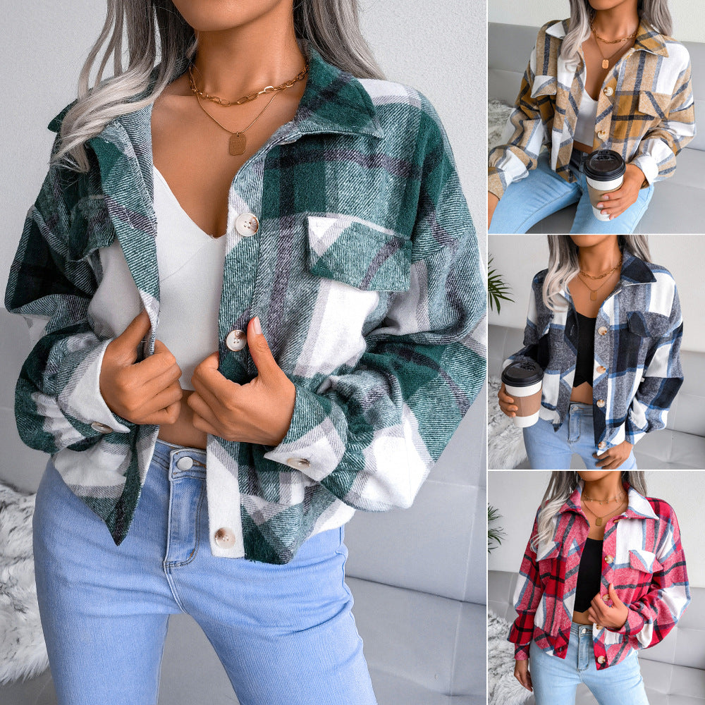 Damen Karo Overshirt mit Druckknöpfen und Brusttaschen - Norvielle