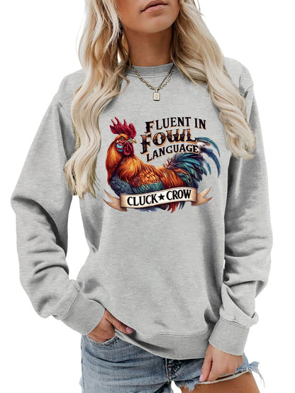Damen Sweatshirt Hühnermotiv Bequem Grau
