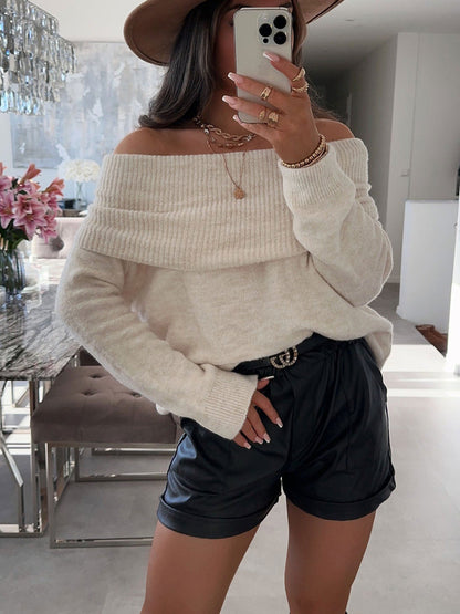 Damen Off-Shoulder Pullover Weiches Strickmaterial Rippdetails Beige