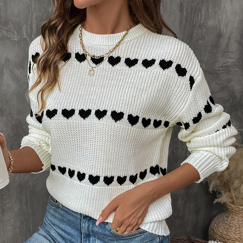 Damen Strickpullover Herzmotiv Lässiger Schnitt