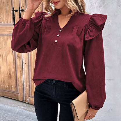 Damen Bluse Rüschenärmel Knöpfe Norvielle