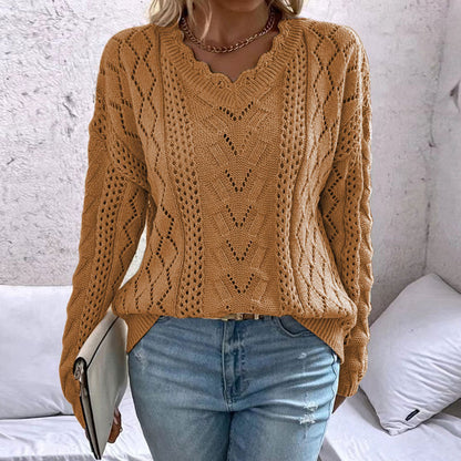 Damen Strickpullover V-Ausschnitt Netzstruktur Norvielle