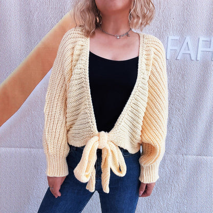 Damen Strickcardigan Oversize mit Bindebändern Beige