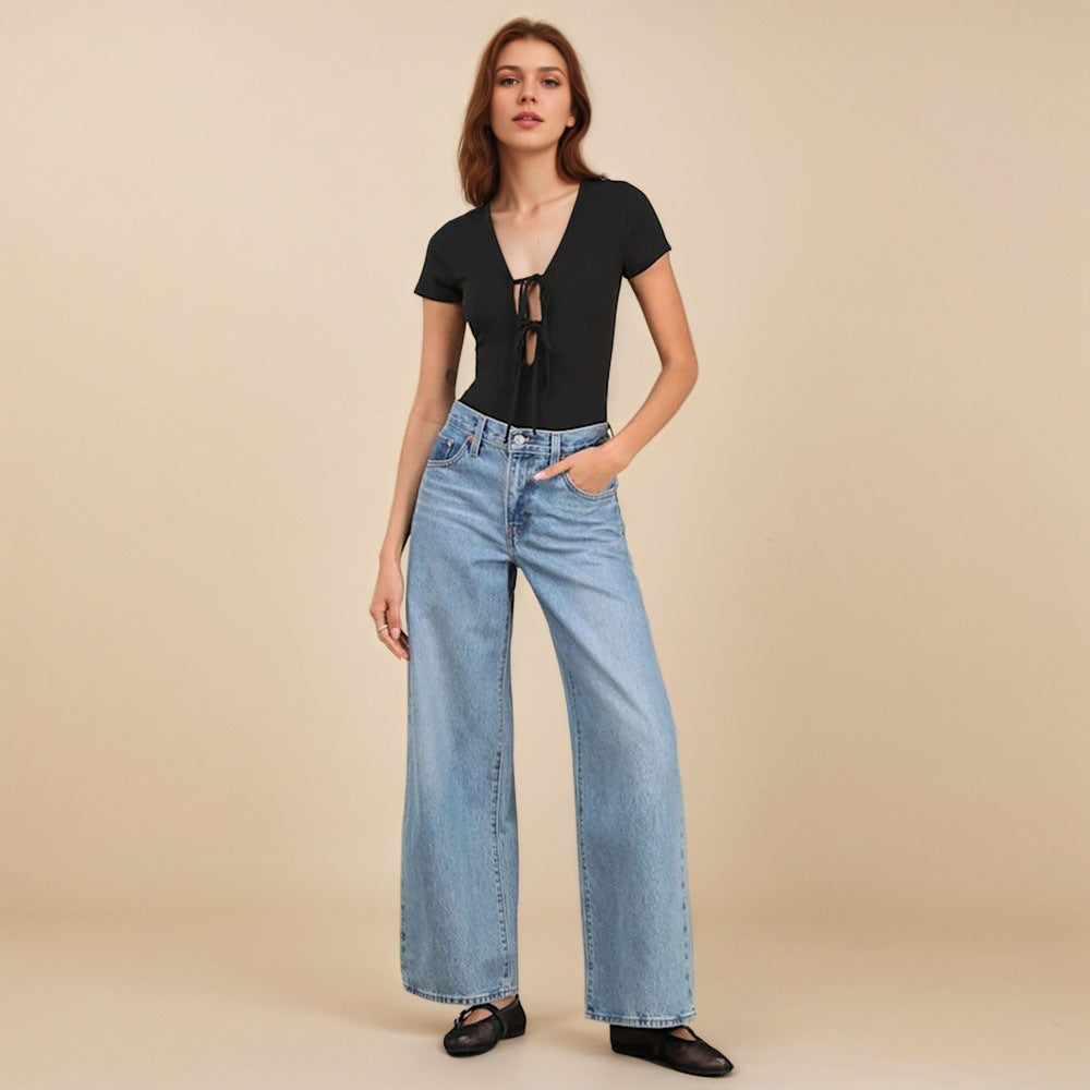 Damen Bodysuit V-Ausschnitt Bindbare Details Norvielle