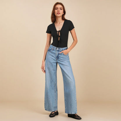Damen Bodysuit V-Ausschnitt Bindbare Details Norvielle