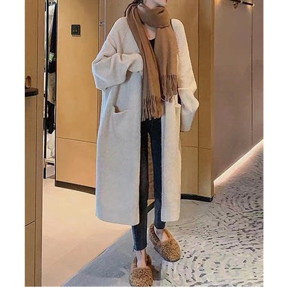Damen Oversized Strickmantel Lässig Mit Taschen Beige