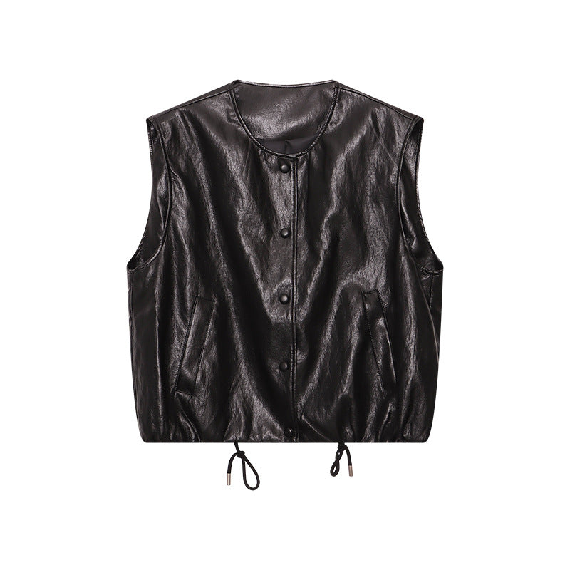 Damen Weste Veganleder Knopfdetails Taschen