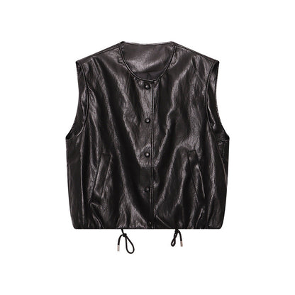 Damen Weste Veganleder Knopfdetails Taschen