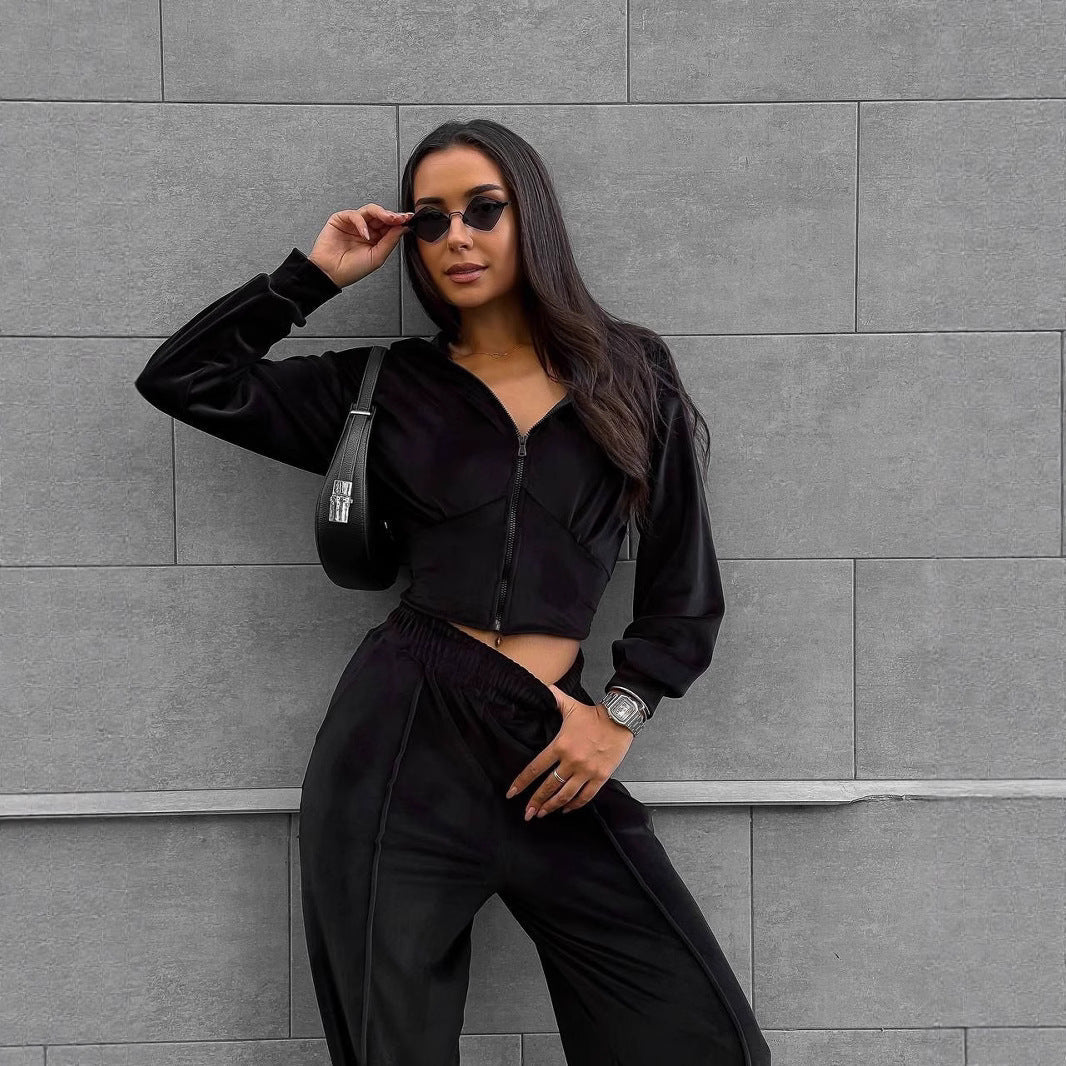 Damen Sportanzug Hoher Bund Weite Hose Baumwolle Schwarz - Norvielle