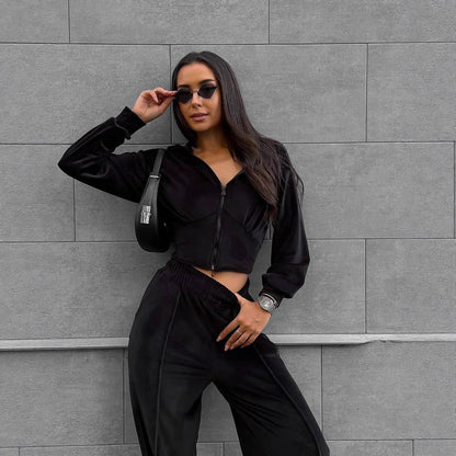 Damen Sportanzug Hoher Bund Weite Hose Baumwolle Schwarz - Norvielle