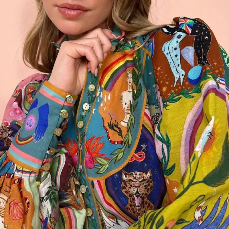 Damen Midikleid Bunt Tier- Blumenmuster Weite Ärmel
