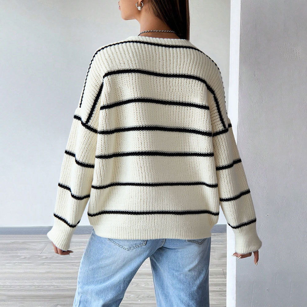 Damen Strickcardigan Kurzarm Gestreift Mit Knöpfen Und Taschen