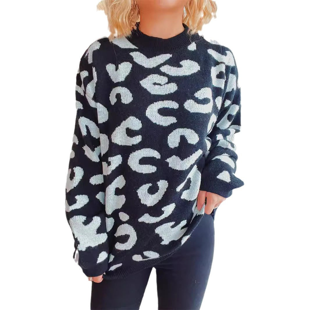 Damen Oversized Pullover Leopardenmuster Rundhals