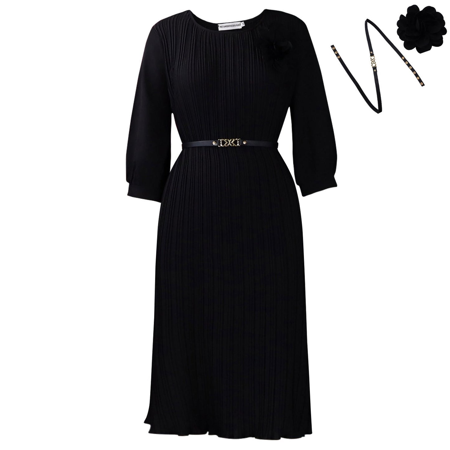 Damen Midi-Kleid Plissee Blumenapplikation Norvielle
