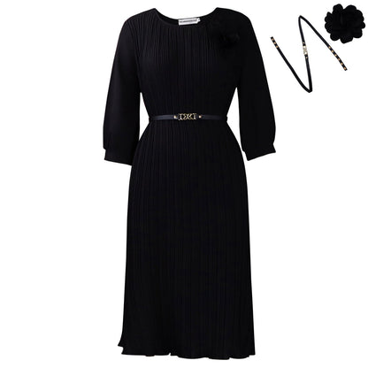 Damen Midi-Kleid Plissee Blumenapplikation Norvielle