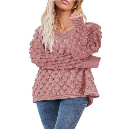 Damen Grobstrickpullover V-Ausschnitt Wellenmuster Norvielle