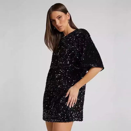 Damen Pailletten-Kleid Lockere Ärmel Rundhalsausschnitt Glitzernd
