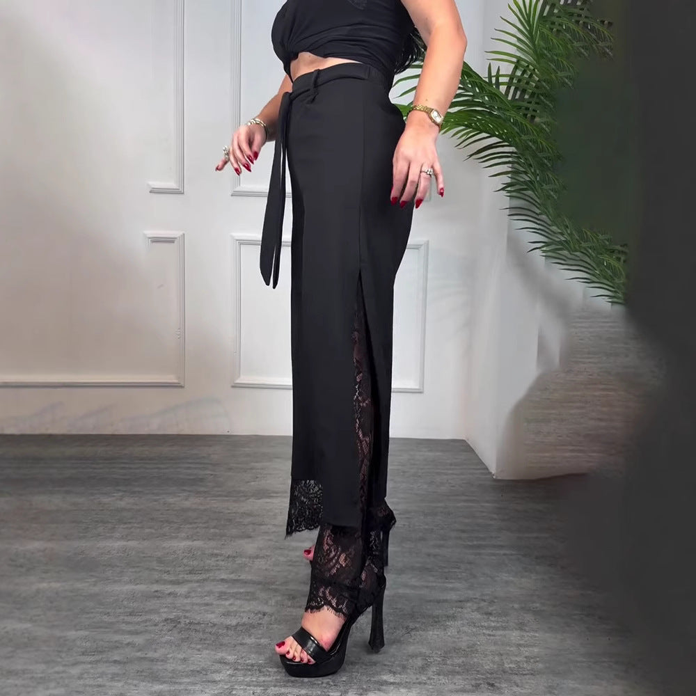 Damen Lange Hose Spitze Schlitze Schwarz - Norvielle