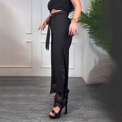 Damen Lange Hose Spitze Schlitze Schwarz - Norvielle