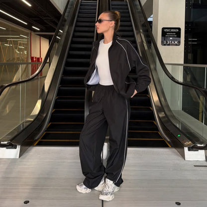 Damen Sportset Jacke Hose Reißverschluss Weite Bein Norvielle