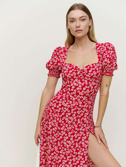 Damen Maxikleid mit Volantärmeln und seitlichem Schlitz