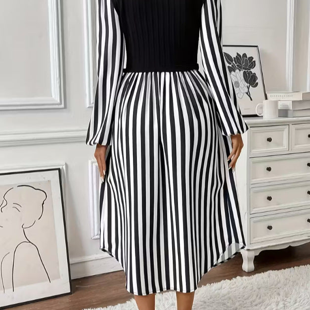 Damen Kleid Streifen Tailliert Knöpfe