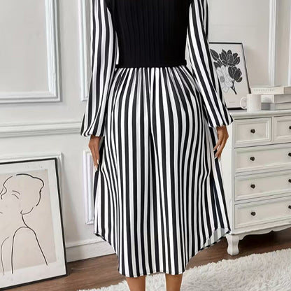 Damen Kleid Streifen Tailliert Knöpfe