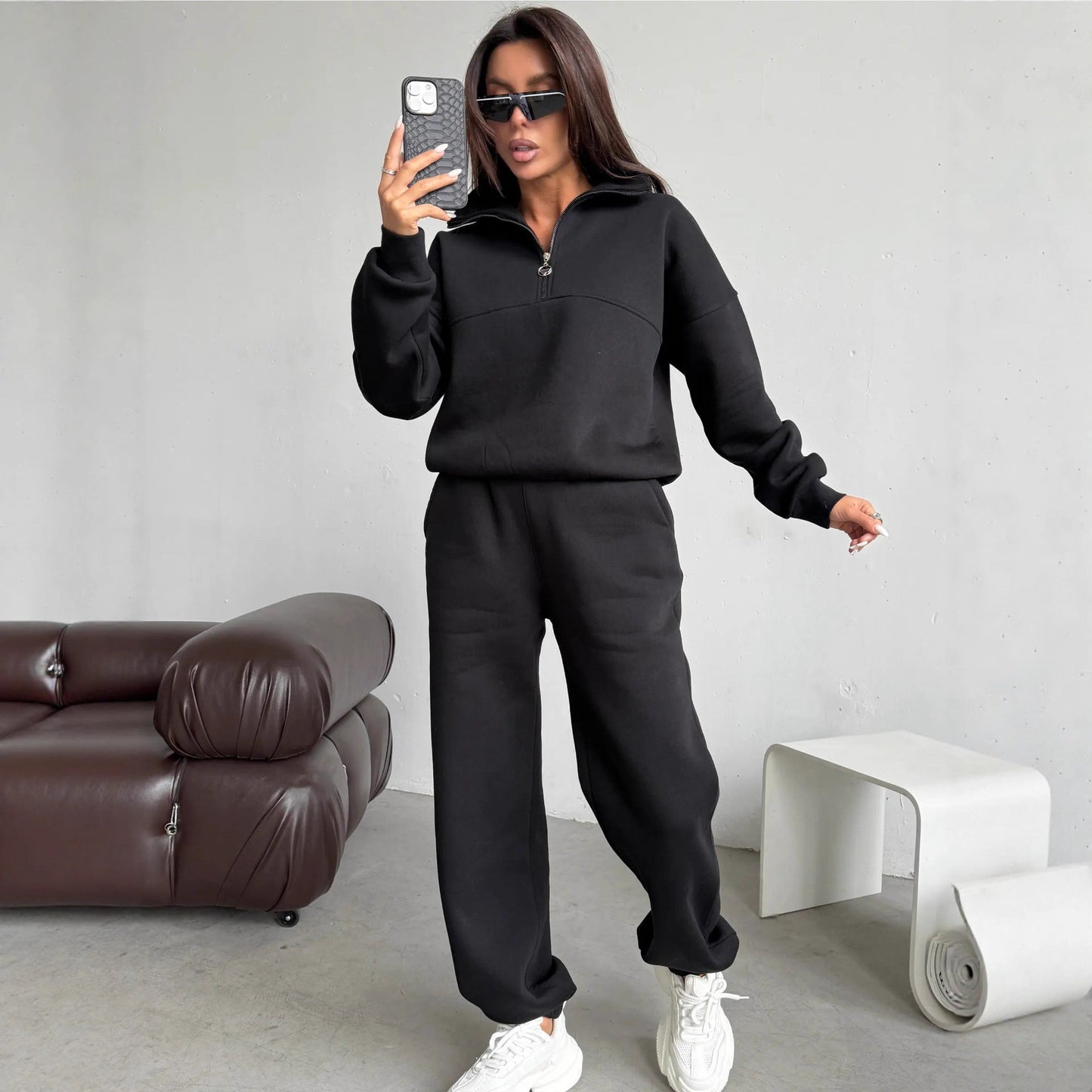 Damen Fleece-Jogginganzug Hochkragen Reißverschlussdetails