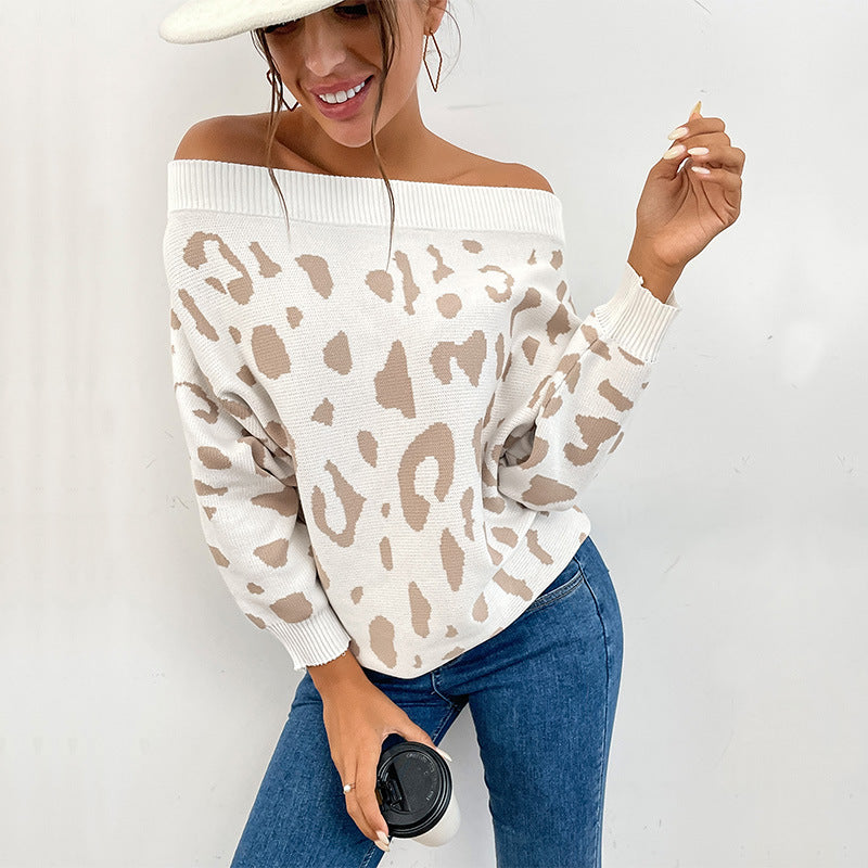 Damen Pullover Off-Shoulder Leopardenmuster Norvielle