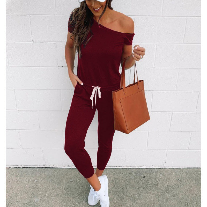 Damen Jumpsuit Asymmetrischer Ausschnitt Hohe Taillenbetonung