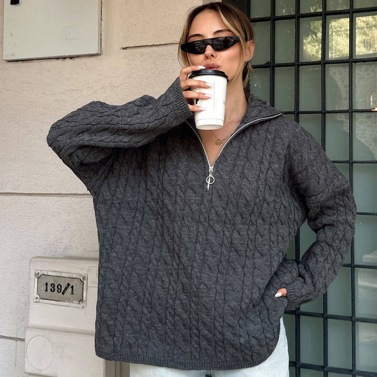 Damen Strickpullover Doppelreißverschluss Hochkragen Norvielle - Norvielle