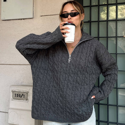 Damen Strickpullover Doppelreißverschluss Hochkragen Norvielle - Norvielle