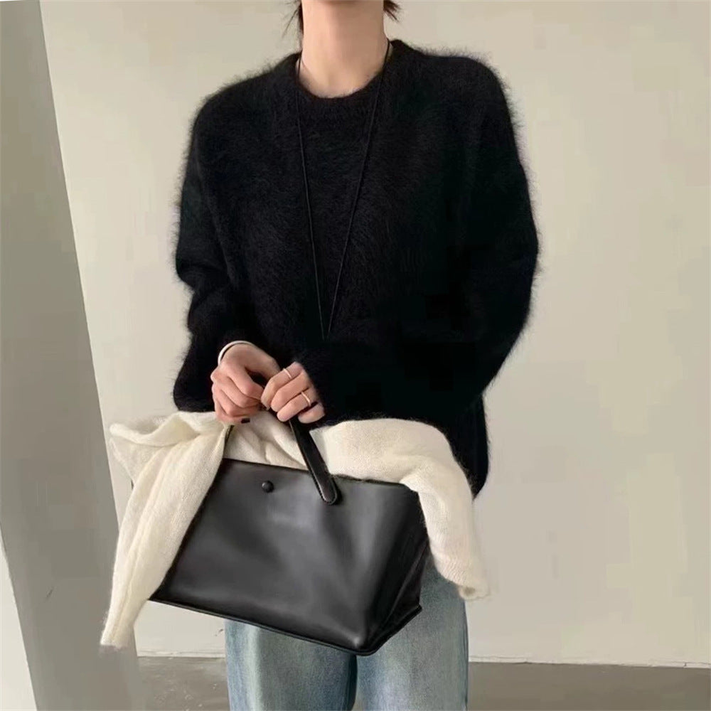 Damen Oversized Pullover Mohair-Wolle Flauschig Beige