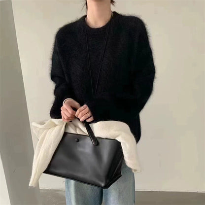 Damen Oversized Pullover Mohair-Wolle Flauschig Beige