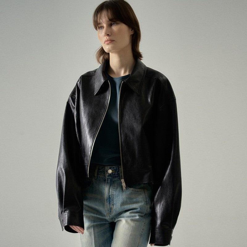 Damen Lederjacke Weit Schnitt Moderner Kragen Schwarz - Norvielle