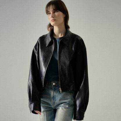 Damen Lederjacke Weit Schnitt Moderner Kragen Schwarz - Norvielle