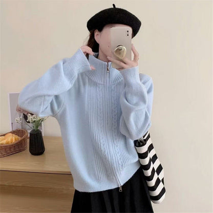 Damen Strickjacke Zippkragen Hochwertig Grün