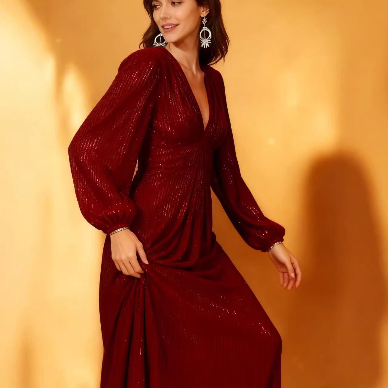 Damen Abendkleid Funkelnder Stoff V-Ausschnitt Norvielle