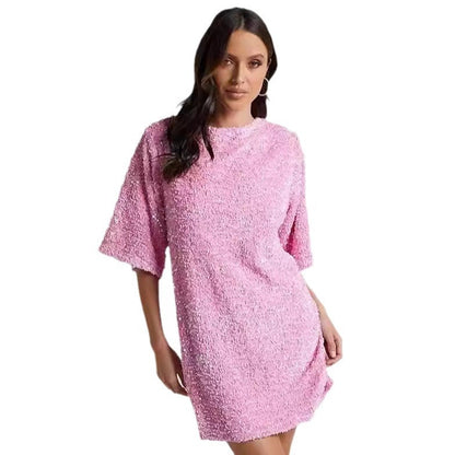 Damen Pailletten-Kleid Lockere Ärmel Rundhalsausschnitt Glitzernd