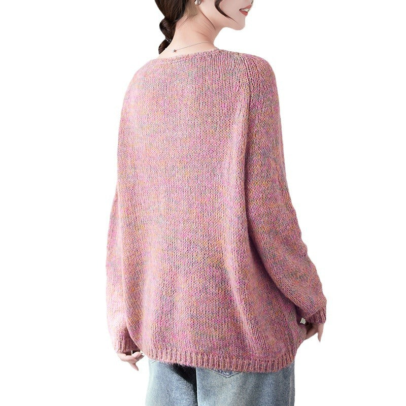 Damen Oversized Pullover V-Ausschnitt Grobstrick Beige