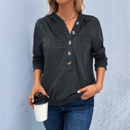 Damen Kapuzenpullover Strukturiertes Design Dekorative Knöpfe