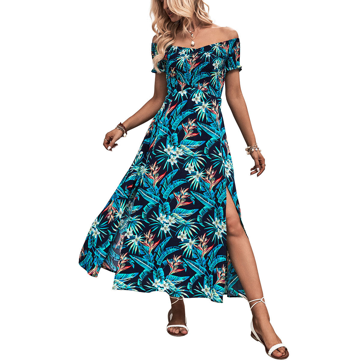 Damen Maxikleid Schulterfrei Floraler Druck Norvielle