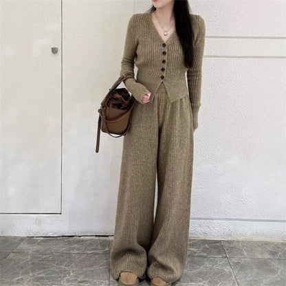 Damen Strickanzug Lässiger Schnitt Mit Knöpfen Beige