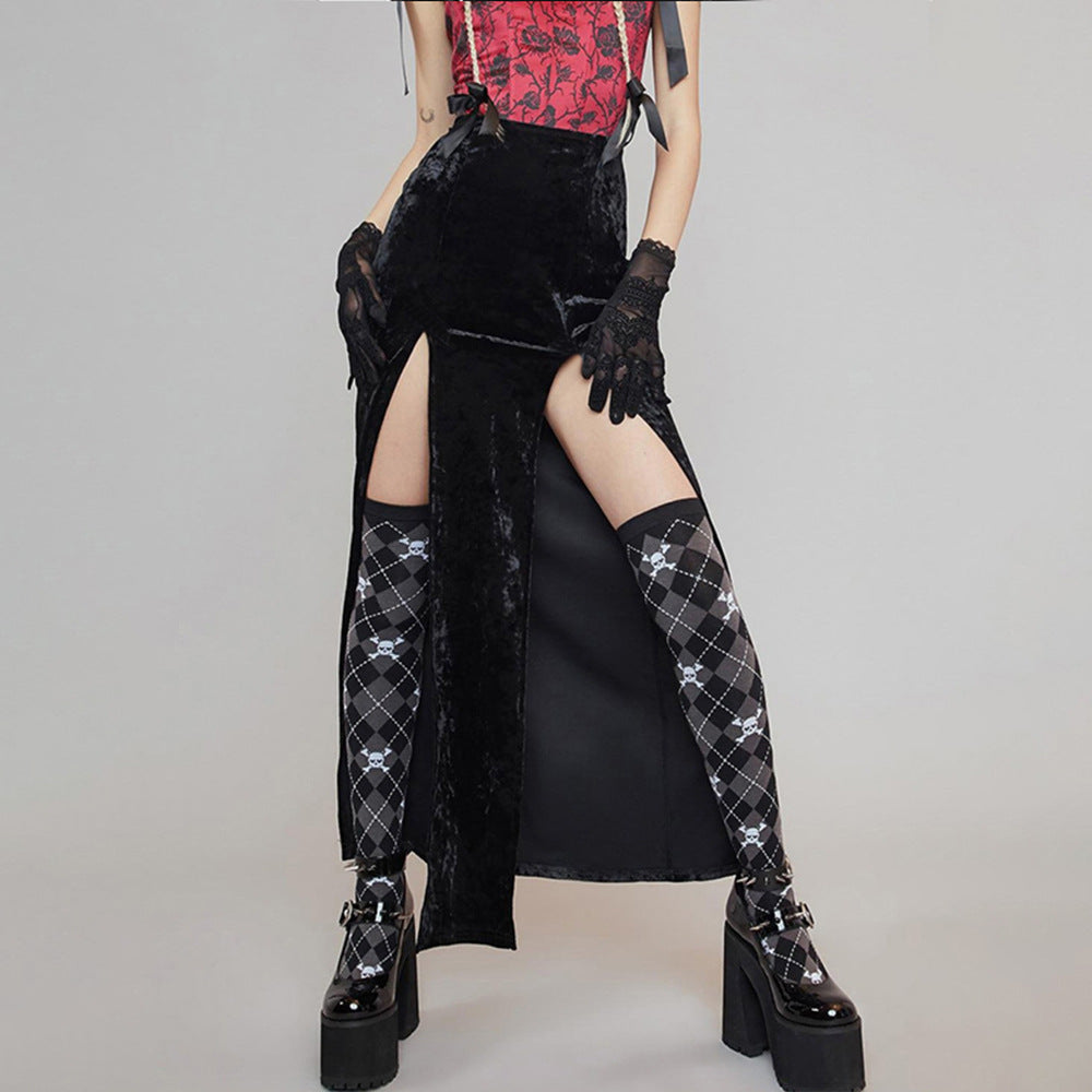 Damen Rippstrickrock Samt SeitenSchlitze Schwarz - Norvielle